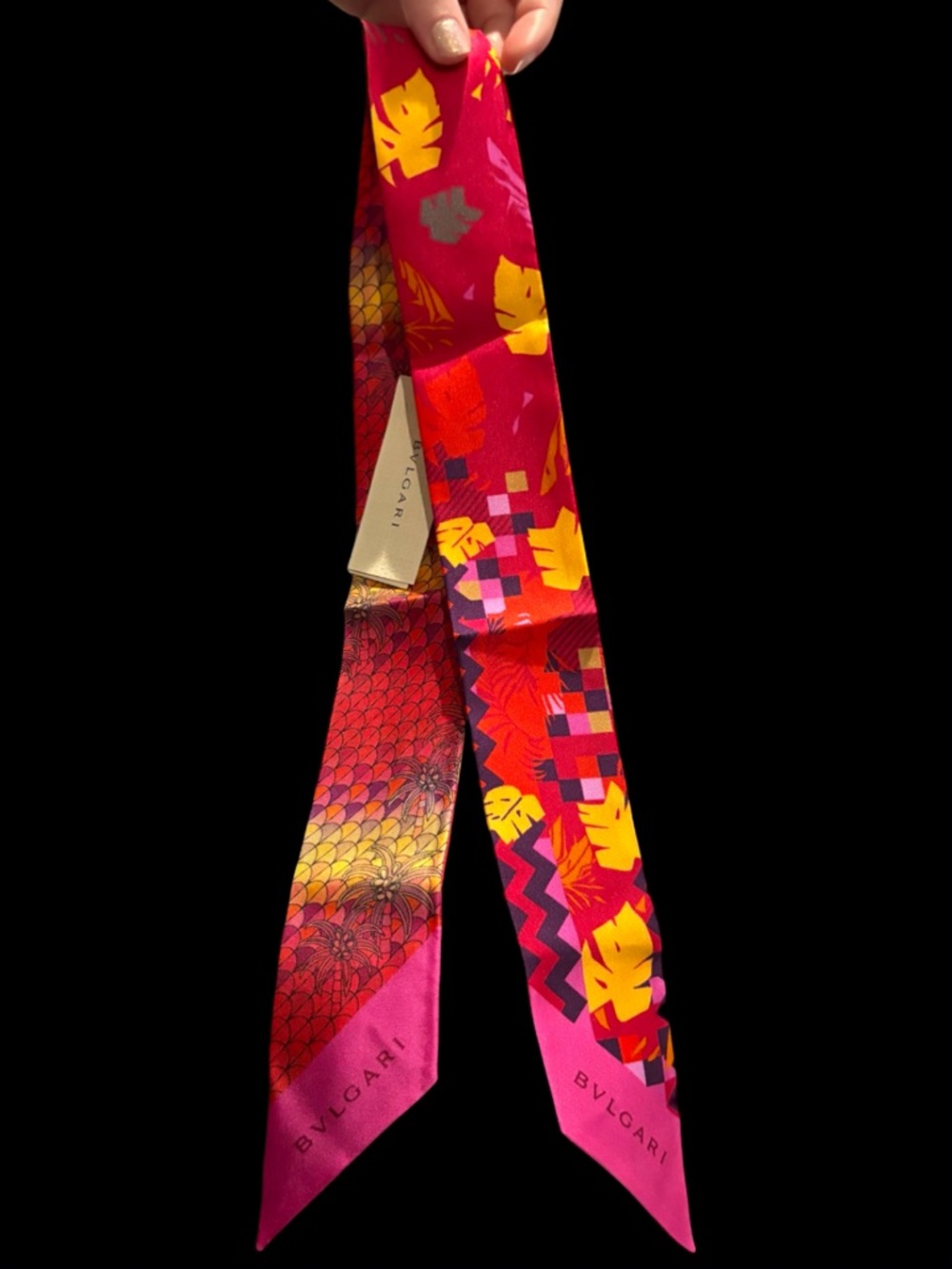 NWT BVLGARI red and pink colorful Shelley twilly - leaves & flower pattern